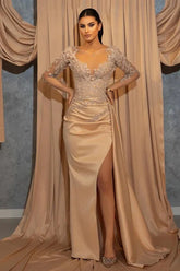 Gorgeous Champagne Long Sleeves V-neck Mermaid Satin Evening Prom Dress with Slit